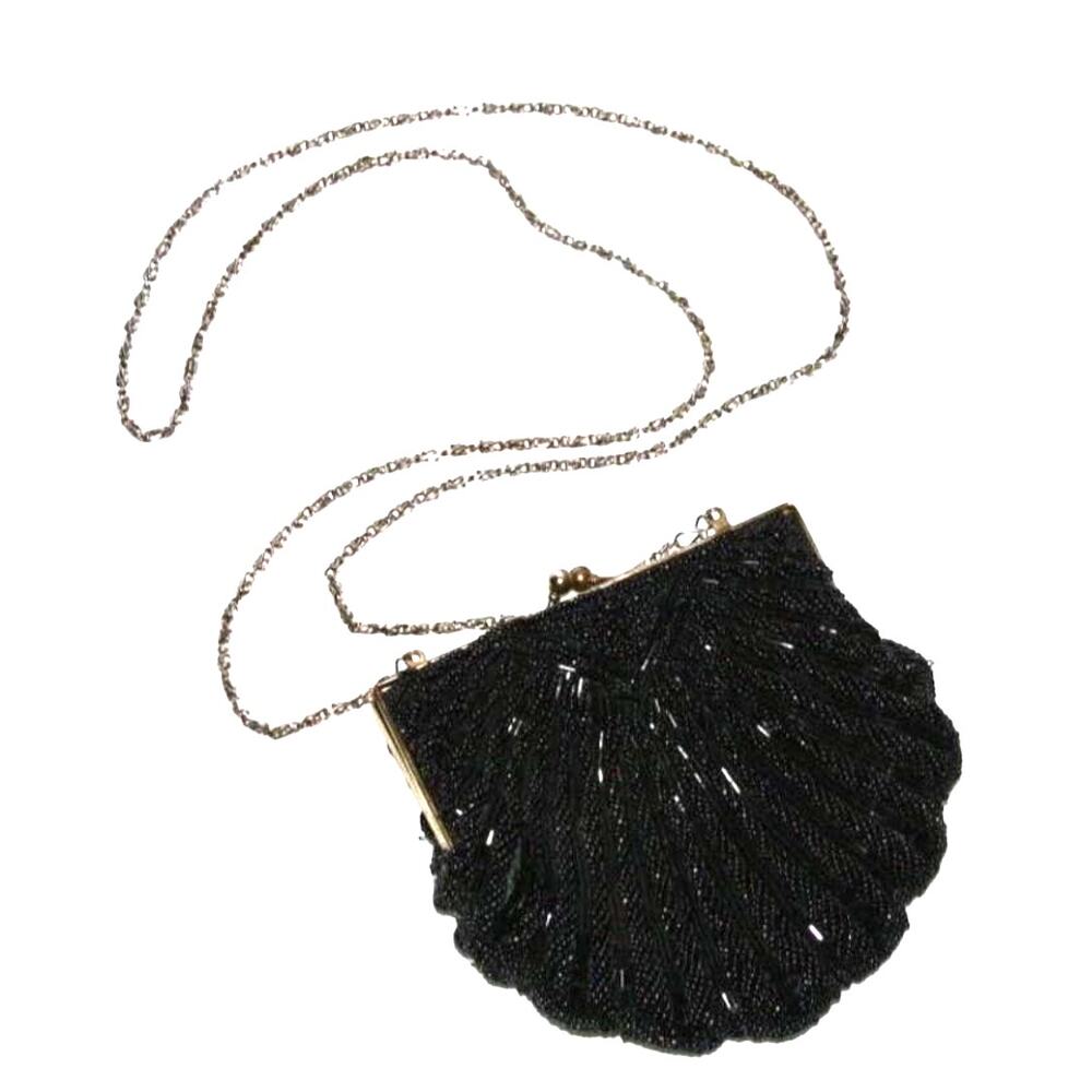 Vintage La Regale Beaded Clam Shell Clutch Gold Chain Gatsby Deco Purse Black